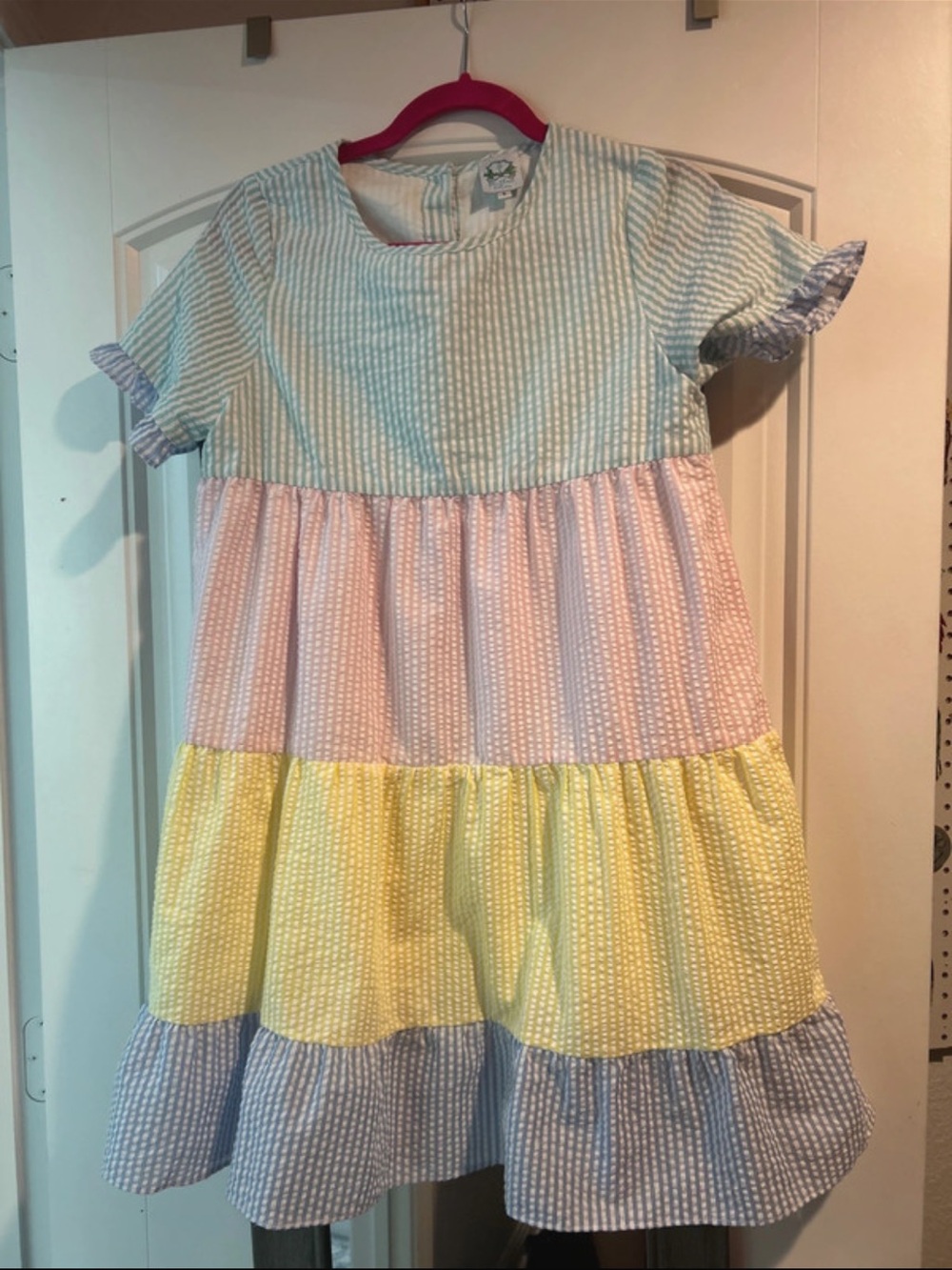 Boutique ruffled Seersucker Dress in Pastel Stripe size small